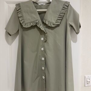 Vintage Sage Green Ruffled Collar Button-Front Dress
